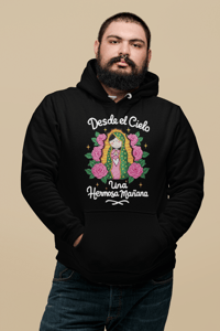 Image 3 of Cartoon Virgen De Guadalupe Full Color Hoodie Desde el Cielo Hermosa Mañana Black Hooded Sweatshirt
