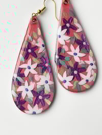 Image 3 of Hand-Painted Floating Flowers Earrings - Pink Teardrop