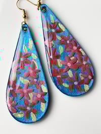 Image 1 of Hand-Painted Floating Flowers Earrings - Blue Teardrop