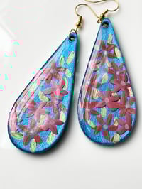 Image 2 of Hand-Painted Floating Flowers Earrings - Blue Teardrop