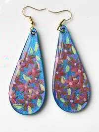 Image 3 of Hand-Painted Floating Flowers Earrings - Blue Teardrop