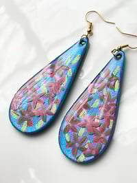 Image 4 of Hand-Painted Floating Flowers Earrings - Blue Teardrop