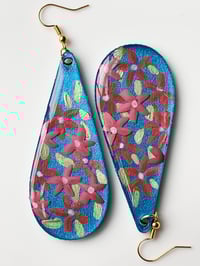 Image 5 of Hand-Painted Floating Flowers Earrings - Blue Teardrop