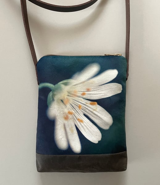 Image of Wild stitchwort, crossbody velvet and waxed canvas phone bag