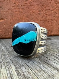 Image 1 of WL&A Handmade Heavy Ingot Cuatro Black Jack RibbonTurquoise Ring - Sizes 11.25