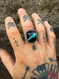 Image 4 of WL&A Handmade Heavy Ingot Cuatro Black Jack RibbonTurquoise Ring - Sizes 11.25