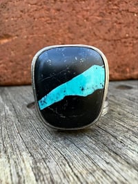 Image 2 of WL&A Handmade Heavy Ingot Cuatro Black Jack RibbonTurquoise Ring - Sizes 11.25