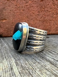 Image 3 of WL&A Handmade Heavy Ingot Cuatro Black Jack RibbonTurquoise Ring - Sizes 11.25