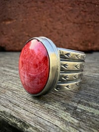 Image 1 of WL&A Handmade Heavy Ingot Cuatro Red Sponge Coral Turquoise Ring - Sizes 9