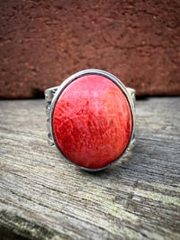 Image 2 of WL&A Handmade Heavy Ingot Cuatro Red Sponge Coral Turquoise Ring - Sizes 9
