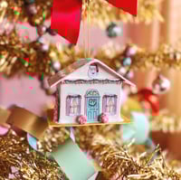 Image 2 of Pink roof Christmas cottage ornament 