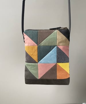 Image of Indigo triangle, patchwork shoulder bag with plant-dyed panels and leather strap