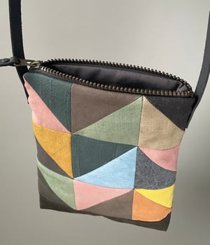 Image of Indigo triangle, patchwork shoulder bag with plant-dyed panels and leather strap