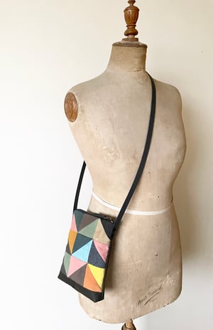 Image of Indigo triangle, patchwork shoulder bag with plant-dyed panels and leather strap