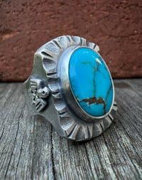 Image 3 of WL&A Handmade Navajo Blue Turquoise (NV) Thunderbird Heavy Signet Ring - Size 12.5