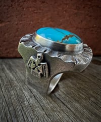 Image 4 of WL&A Handmade Navajo Blue Turquoise (NV) Thunderbird Heavy Signet Ring - Size 12.5