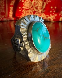 Image 1 of WL&A Handmade Navajo Blue Turquoise (NV) Thunderbird Heavy Signet Ring - Size 12
