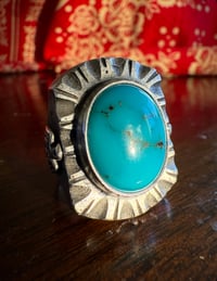 Image 2 of WL&A Handmade Navajo Blue Turquoise (NV) Thunderbird Heavy Signet Ring - Size 12