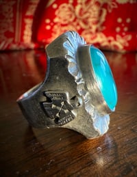 Image 3 of WL&A Handmade Navajo Blue Turquoise (NV) Thunderbird Heavy Signet Ring - Size 12