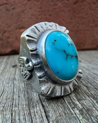 Image 4 of WL&A Handmade Navajo Blue Turquoise (NV) Thunderbird Heavy Signet Ring - Size 12