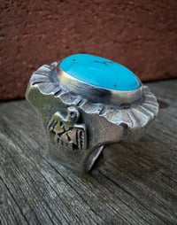 Image 5 of WL&A Handmade Navajo Blue Turquoise (NV) Thunderbird Heavy Signet Ring - Size 12