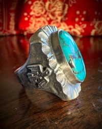 Image 2 of WL&A Handmade Navajo Blue Turquoise (NV) Thunderbird Heavy Signet Ring - Size 11