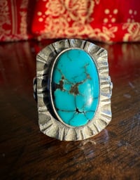 Image 3 of WL&A Handmade Navajo Blue Turquoise (NV) Thunderbird Heavy Signet Ring - Size 11