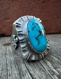 Image 4 of WL&A Handmade Navajo Blue Turquoise (NV) Thunderbird Heavy Signet Ring - Size 11