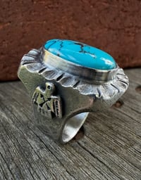 Image 5 of WL&A Handmade Navajo Blue Turquoise (NV) Thunderbird Heavy Signet Ring - Size 11