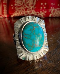 Image 2 of WL&A Handmade Navajo Blue Turquoise (NV) Thunderbird Heavy Signet Ring - Size 10