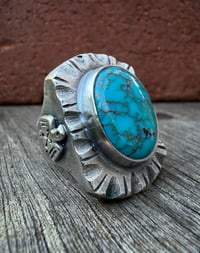 Image 3 of WL&A Handmade Navajo Blue Turquoise (NV) Thunderbird Heavy Signet Ring - Size 10