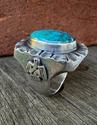 Image 4 of WL&A Handmade Navajo Blue Turquoise (NV) Thunderbird Heavy Signet Ring - Size 10