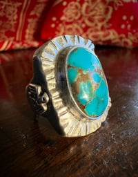 Image 1 of WL&A Handmade Navajo Blue Turquoise (NV) Thunderbird Heavy Signet Ring - Size 10 #2
