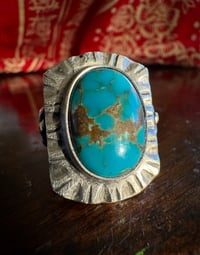 Image 2 of WL&A Handmade Navajo Blue Turquoise (NV) Thunderbird Heavy Signet Ring - Size 10 #2
