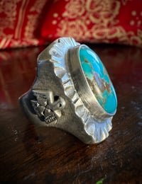 Image 3 of WL&A Handmade Navajo Blue Turquoise (NV) Thunderbird Heavy Signet Ring - Size 10 #2