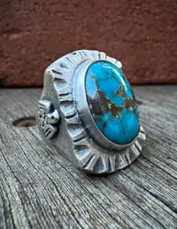 Image 4 of WL&A Handmade Navajo Blue Turquoise (NV) Thunderbird Heavy Signet Ring - Size 10 #2