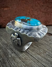Image 5 of WL&A Handmade Navajo Blue Turquoise (NV) Thunderbird Heavy Signet Ring - Size 10 #2