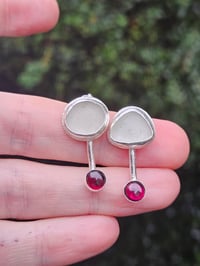 Image 1 of White Cornish Seaglass & Garnet Gemstone Stud Earrings 