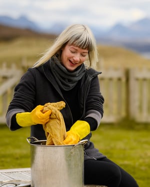 Image of Indigo triangle, patchwork shoulder bag with plant-dyed panels and leather strap
