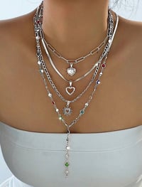 Image 5 of BIJOUX - 4pcs Élégant en forme de cœur en strass coloré en forme de cœur, collier en Y