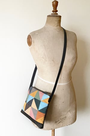 Image of Indigo + madder rose triangle, patchwork shoulder bag with plant-dyed panels and leather strap