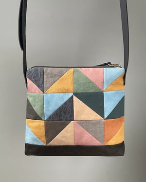Image of Indigo + madder rose triangle, patchwork shoulder bag with plant-dyed panels and leather strap