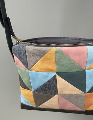 Image of Indigo + madder rose triangle, patchwork shoulder bag with plant-dyed panels and leather strap