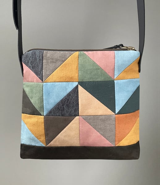 Image of Indigo + madder rose triangle, patchwork shoulder bag with plant-dyed panels and leather strap