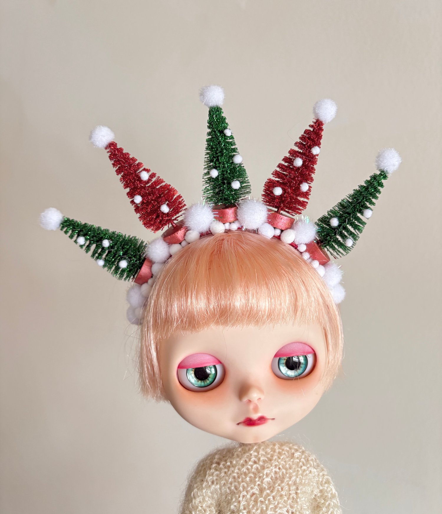 Image of Christmas Trees Tiara Headband in Red and Green for Blythe Dolls 