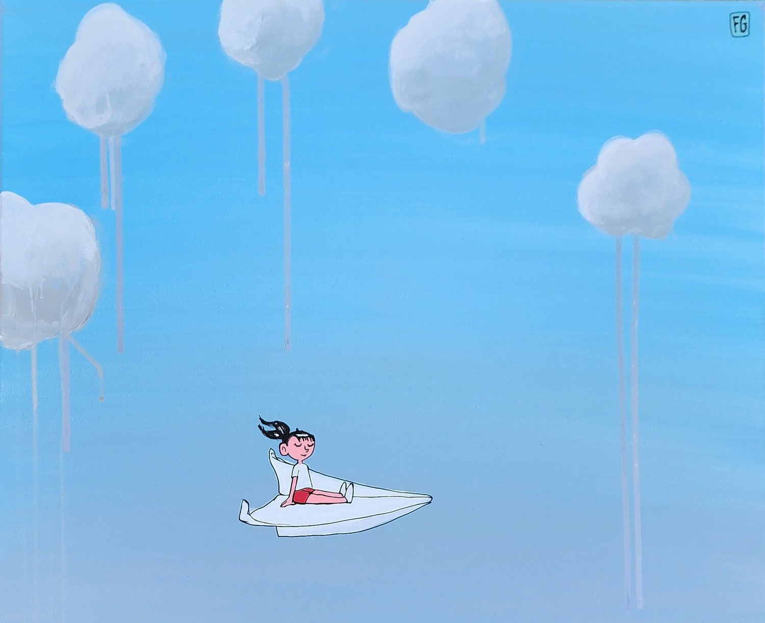 Original girl on paper airplane painting 