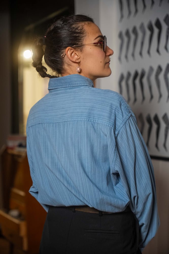 Image of Camicia Velluto Celeste righine