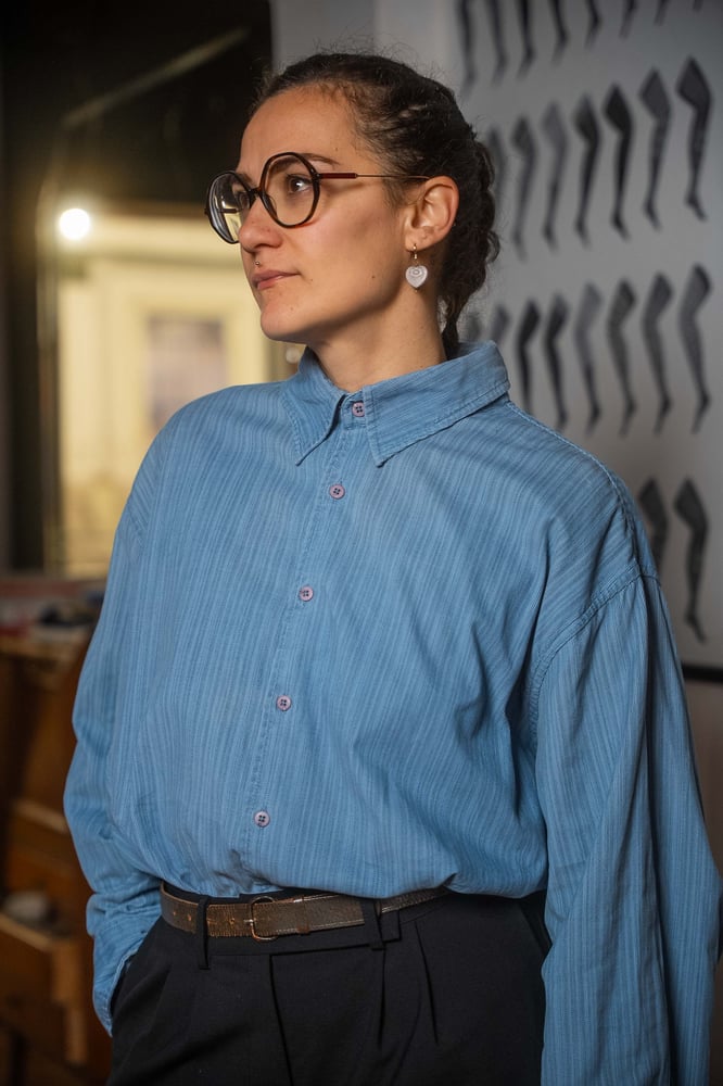 Image of Camicia Velluto Celeste righine