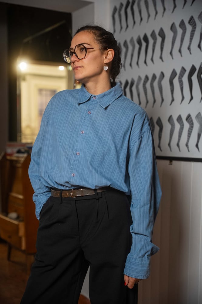 Image of Camicia Velluto Celeste righine