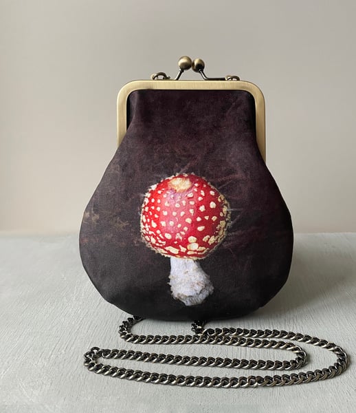 Image of Fly agaric, crossbody velvet bag with chain handle - fits phone